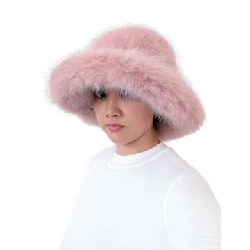 Lina & Lily Oversized Winter Faux Fur Bucket Hat for Women - Long Pile Fur Wide Moldable Brim (Dusty Pink)