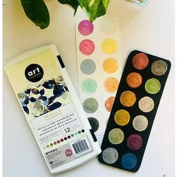 Prima Marketing Art Philosophy Metallic Accents Semi-Watercolor Paint -12 Cakes & Brush 655350592974 Metallic Accent Watercolors