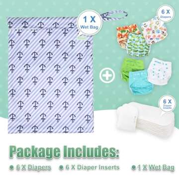 wegreeco Cloth Diapers 6 Pack with 6 Inserts & 1 Wet Bag, Washable Cloth Diapers for Babies, One Size Adjustable Reusable Diapers Baby (Neutral Prints)