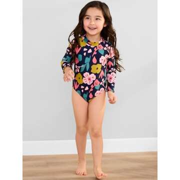 Simple Joys by Carter's Girls' Long Sleeve Zipper One Piece Swimsuit, Floral, 3T