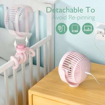 Momcozy 8000mAh Portable Stroller Fan, 27H Ultra-long Battery Life Detachable 4 Speed 360°Rotate LED Night Light with 2 Modes, USB Rechargeable Handheld Cooling Fan for Travel/Car Seat/Bedroom