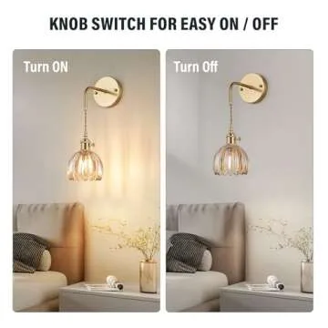 PiWWPi Vintage Wall Sconces with Cognac Tulip Glass Shade Brass Sconces Modern Wall Lighting Fixture with Switch for Bedside Bedroom Doorway Adjust H