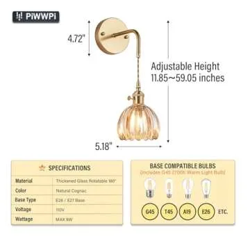 PiWWPi Vintage Wall Sconces with Cognac Tulip Glass Shade Brass Sconces Modern Wall Lighting Fixture with Switch for Bedside Bedroom Doorway Adjust H