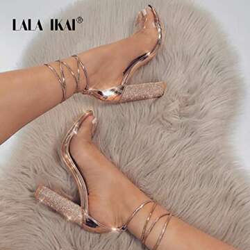 LALA IKAI Women’s Rhinestone High Heel Chunky Sandals
