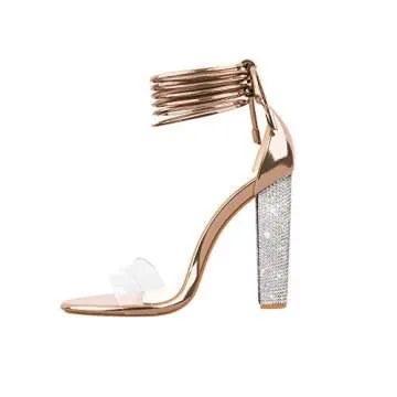 LALA IKAI Women’s Rhinestone High Heel Chunky Sandals
