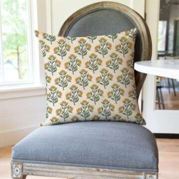 PANDICORN Block Print Throw Pillow Covers 18x18 Inch Set of 2 Green and Yellow Floral Vintage Boho Outdoor Spring Summer Decorations Decorative Throw Pillows Cases for Home Bed Living Room Couch Decor