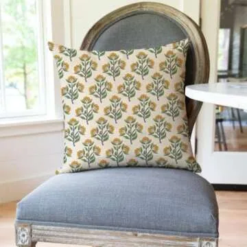 PANDICORN Block Print Throw Pillow Covers 18x18 Inch Set of 2 Green and Yellow Floral Vintage Boho Outdoor Spring Summer Decorations Decorative Throw Pillows Cases for Home Bed Living Room Couch Decor