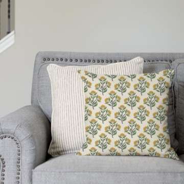 PANDICORN Block Print Throw Pillow Covers 18x18 Inch Set of 2 Green and Yellow Floral Vintage Boho Outdoor Spring Summer Decorations Decorative Throw Pillows Cases for Home Bed Living Room Couch Decor