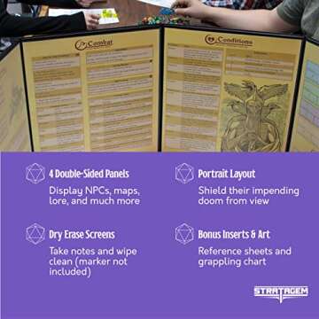 Stratagem The Master's Tome 4-Panel Customizable GM Screen with Free Inserts – Dry Erase, Dungeon & Game Master Accessory for Tabletop RPG Campaigns (Black)