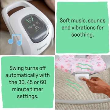 Ingenuity SimpleComfort Lightweight Compact 6-Speed Multi-Direction Baby Swing, Vibrations & Nature Sounds, 0-9 Months 6-20 lbs (Pink Cassidy)