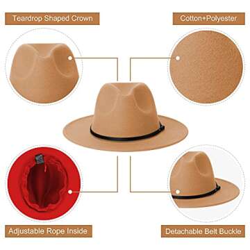 Wide Brim Fedora Hats for Women and Men Classic Felt Panama Hat Men's Two Tone Dress Hat with Belt Buckle
