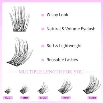 VEYESBEAUTY Dreamy Cluster Lashes Kit Individual Lash Extensions Newbie's Five-Second DIY Dramatic Volume Eyelash Wispy Faux Mink Lash Mixed Length Tray with Bond & Seal, Applicator at Home, black