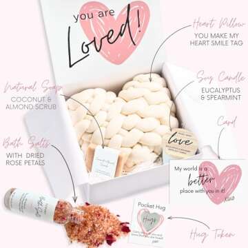 Boxzie You are Loved Gift Box Set for Women, Unique I Love You Gifts for Her, Sending Hugs Care Package - Basket with Pillow, Candle, Soap for Mom, Wife, Daughter, Sister, Best Friend, Grandma