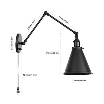 EE Eleven Master Industrial Wall Light Black Paint Finish Plug in Adjustable Arms with On/Off Switch for Bedroom Wall Sconce Fixture Metal Plug-in Wall Lamp (2-Lights)