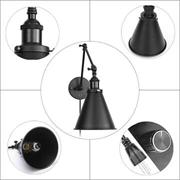 EE Eleven Master Industrial Wall Light Black Paint Finish Plug in Adjustable Arms with On/Off Switch for Bedroom Wall Sconce Fixture Metal Plug-in Wall Lamp (2-Lights)
