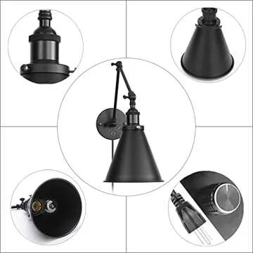 EE Eleven Master Industrial Wall Light Black Paint Finish Plug in Adjustable Arms with On/Off Switch for Bedroom Wall Sconce Fixture Metal Plug-in Wall Lamp (2-Lights)