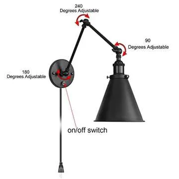 EE Eleven Master Industrial Wall Light Black Paint Finish Plug in Adjustable Arms with On/Off Switch for Bedroom Wall Sconce Fixture Metal Plug-in Wall Lamp (2-Lights)
