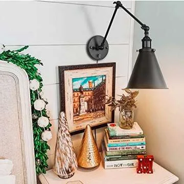 EE Eleven Master Industrial Wall Light Black Paint Finish Plug in Adjustable Arms with On/Off Switch for Bedroom Wall Sconce Fixture Metal Plug-in Wall Lamp (2-Lights)