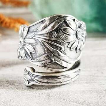 Cawsug Adjustable Sunflower Spoon Rings for Women