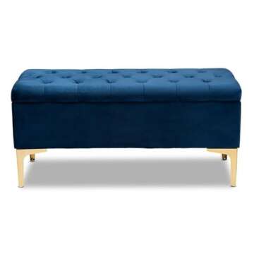 Baxton Studio Valere Glam and Luxe Navy Blue Velvet Fabric Upholstered Gold Finished Button Tufted Storage Ottoman