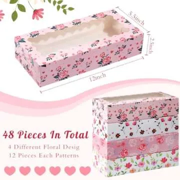 Maxcheck 48 Pieces Mother's Day Treat Boxes Floral Gift Boxes with Window 12.5" x 5.5" x 2.5" Happy Mother's Day Bakery Boxes Flower Cookie Boxes Candy Heart Containers for Mother's Day Party Favors