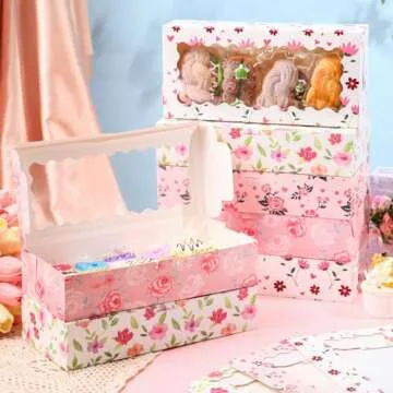Maxcheck 48 Pieces Mother's Day Treat Boxes Floral Gift Boxes with Window 12.5" x 5.5" x 2.5" Happy Mother's Day Bakery Boxes Flower Cookie Boxes Candy Heart Containers for Mother's Day Party Favors