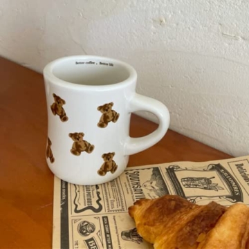 Heardbeli Women Girls Creamy White Cartoon Bear Mugs Ceramic Coffee Mug Water Cup 350ML/12OZ. Cute Funny Novelty Gift