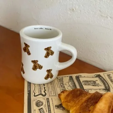 Heardbeli Women Girls Creamy White Cartoon Bear Mugs Ceramic Coffee Mug Water Cup 350ML/12OZ. Cute Funny Novelty Gift