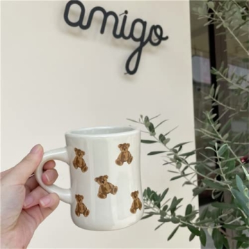 Heardbeli Women Girls Creamy White Cartoon Bear Mugs Ceramic Coffee Mug Water Cup 350ML/12OZ. Cute Funny Novelty Gift