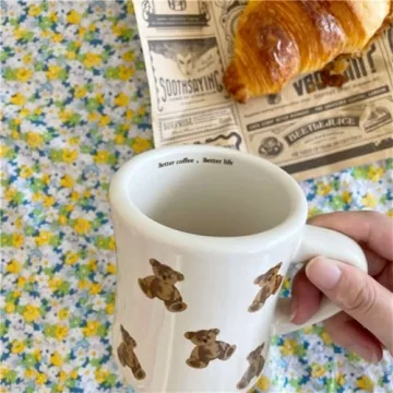 Heardbeli Women Girls Creamy White Cartoon Bear Mugs Ceramic Coffee Mug Water Cup 350ML/12OZ. Cute Funny Novelty Gift