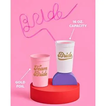 xo, Fetti Bachelorette Party Decorations Team Bride Reusable Cups - 13 Stadium Cups | Pink, White + Gold Bridal Shower Gift, Bridesmaid