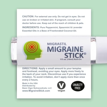 Migrastil Migraine Stick Rollon - Fast Cooling Comfort for Your Head. Aromatherapy with Peppermint & Other Essential Oils. Metal Roller. Made in USA by Basic Vigor