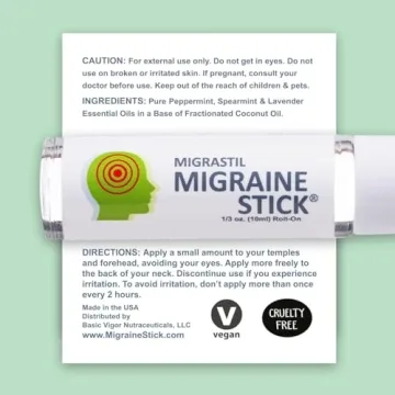 Migrastil Migraine Stick Rollon - Fast Cooling Comfort for Your Head. Aromatherapy with Peppermint & Other Essential Oils. Metal Roller. Made in USA by Basic Vigor