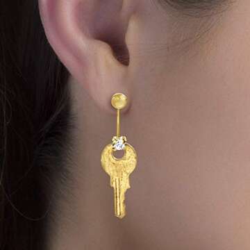 Steve Madden Yellow Gold-Tone Rhinestone Key Front to Back Earrings For Women (SME500331GD), one size