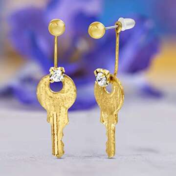 Steve Madden Yellow Gold-Tone Rhinestone Key Front to Back Earrings For Women (SME500331GD), one size