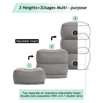 JefDiee Inflatable Travel Foot Rest Pillow, Kids Airplane Bed, Adjustable 3 Layers Height Leg Rest Pillow, Adults Travel Essentials Great for Airplane, Office, Home, Trains, Cars (2 Pack)