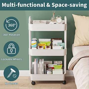 EZ COZY 3 Tier Rolling Cart, Plastic Diaper Cart Organizer with Wheels, Roller Cart for Diapers, Baby Nursery, Kitchen, Bathroom, Living Room and Bedside, White