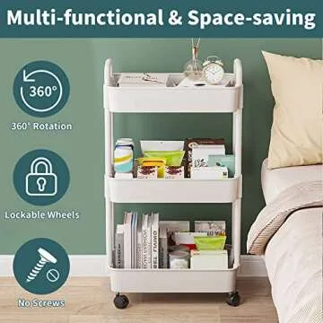 EZ COZY 3 Tier Rolling Cart, Plastic Diaper Cart Organizer with Wheels, Roller Cart for Diapers, Baby Nursery, Kitchen, Bathroom, Living Room and Bedside, White