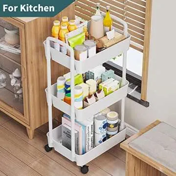 EZ COZY 3 Tier Rolling Cart, Plastic Diaper Cart Organizer with Wheels, Roller Cart for Diapers, Baby Nursery, Kitchen, Bathroom, Living Room and Bedside, White