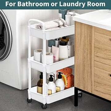 EZ COZY 3 Tier Rolling Cart, Plastic Diaper Cart Organizer with Wheels, Roller Cart for Diapers, Baby Nursery, Kitchen, Bathroom, Living Room and Bedside, White