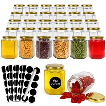 Betrome 30 Pack 6oz Hexagon Glass Jars with Gold Lids, 180ml Clear Glass Canning Jars Honey Jars Spi...