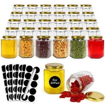 Betrome 30 Pack 6oz Hexagon Glass Jars with Gold Lids, 180ml Clear Glass Canning Jars Honey Jars Spi...