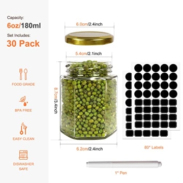 Betrome 30 Pack 6oz Hexagon Glass Jars with Gold Lids, 180ml Clear Glass Canning Jars Honey Jars Spice Jars Mason Jars for Jams, Shower Favors, Wedding Favors, Craft, 1 Pen and Labels Included