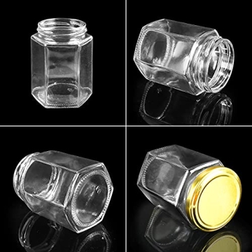 Betrome 30 Pack 6oz Hexagon Glass Jars with Gold Lids, 180ml Clear Glass Canning Jars Honey Jars Spice Jars Mason Jars for Jams, Shower Favors, Wedding Favors, Craft, 1 Pen and Labels Included