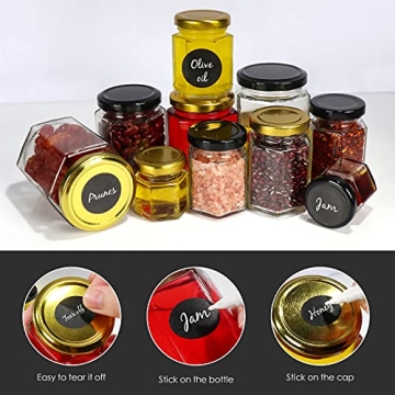 Betrome 30 Pack 6oz Hexagon Glass Jars with Gold Lids, 180ml Clear Glass Canning Jars Honey Jars Spice Jars Mason Jars for Jams, Shower Favors, Wedding Favors, Craft, 1 Pen and Labels Included