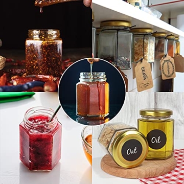 Betrome 30 Pack 6oz Hexagon Glass Jars with Gold Lids, 180ml Clear Glass Canning Jars Honey Jars Spice Jars Mason Jars for Jams, Shower Favors, Wedding Favors, Craft, 1 Pen and Labels Included