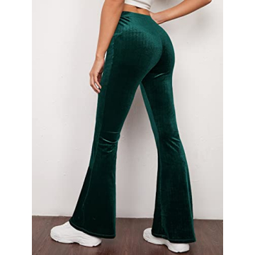 Floerns Velvet Flare Leg High Waist Pants Dark Green