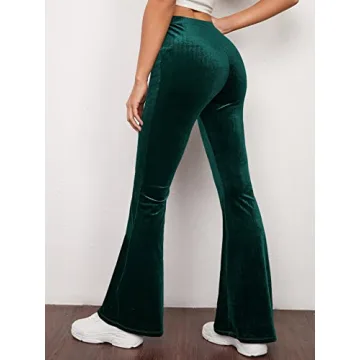Floerns Velvet Flare Leg High Waist Pants Dark Green