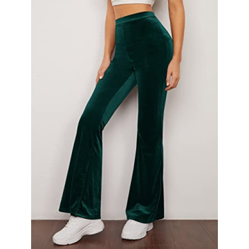 Floerns Velvet Flare Leg High Waist Pants Dark Green
