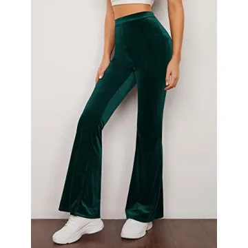 Floerns Velvet Flare Leg High Waist Pants Dark Green